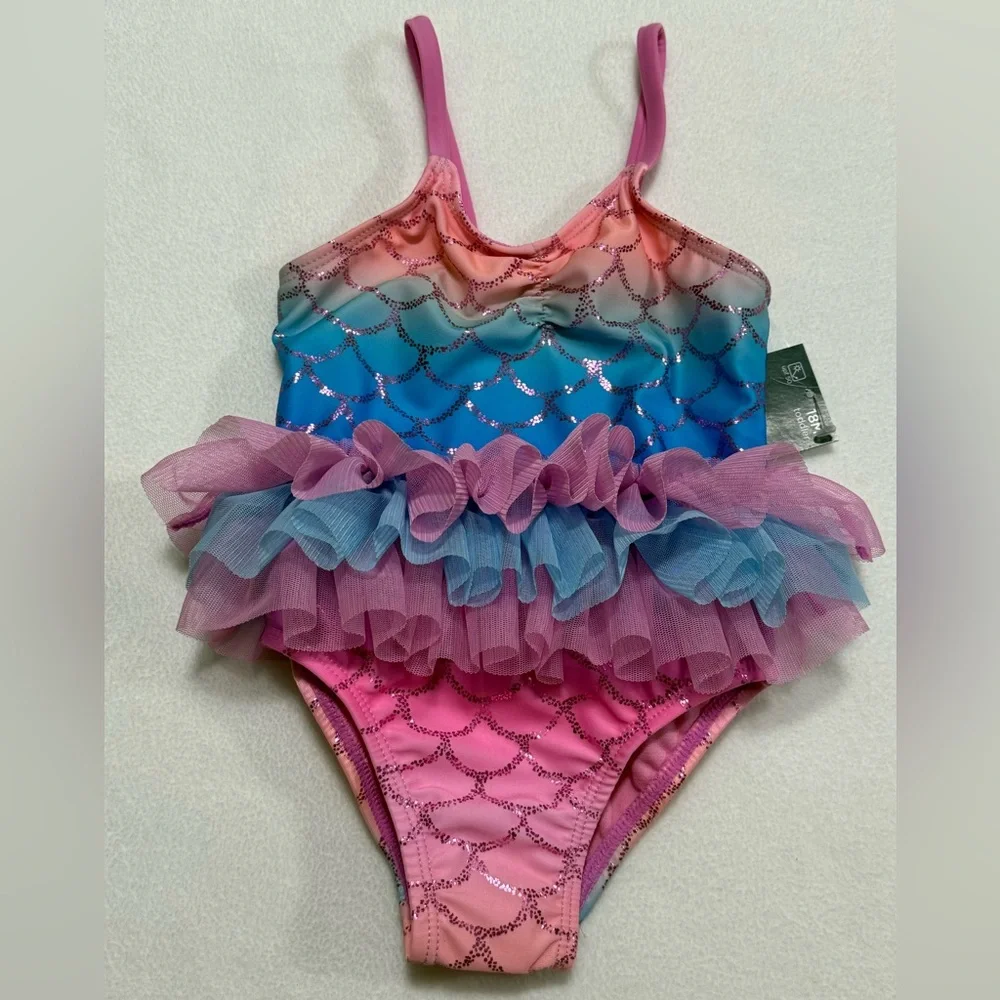 Infant Girl 18M 1-Pc Swimsuit in Pink and Blue W/Mermaid Motif - NWT